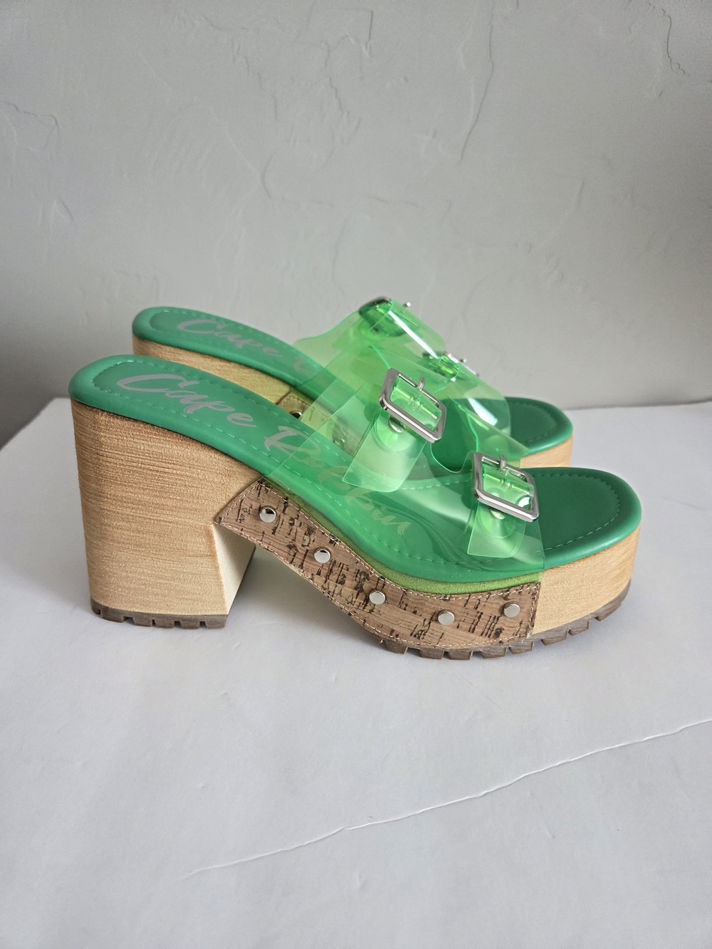 Cape Robbin Green Clear Double Buckle Platform Mule Sandals 7 - Picture 3 of 9
